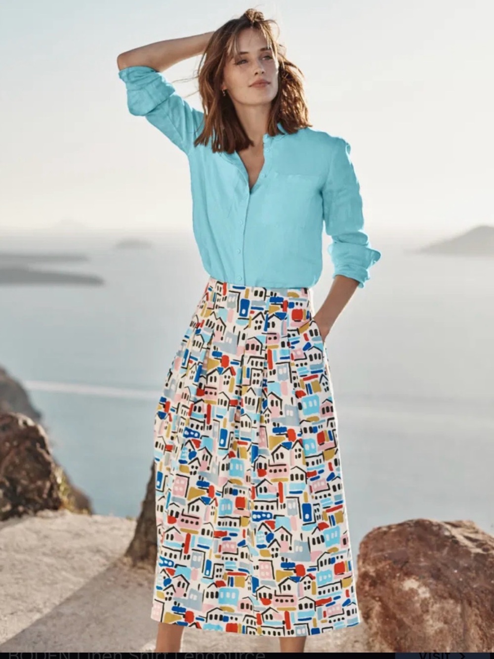 Boden Village-Print Midi Skirt in White, Blue, Red and Yellow